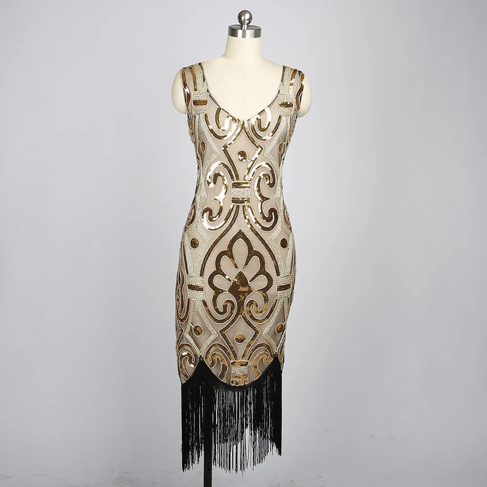 여성용 하이 엔드 술 드레스 빈티지 1920 년대 스팽글 페르시 v 넥 술 패션 댄스 파티 플러스 사이즈 우아한 Bodycon Vestido Dress