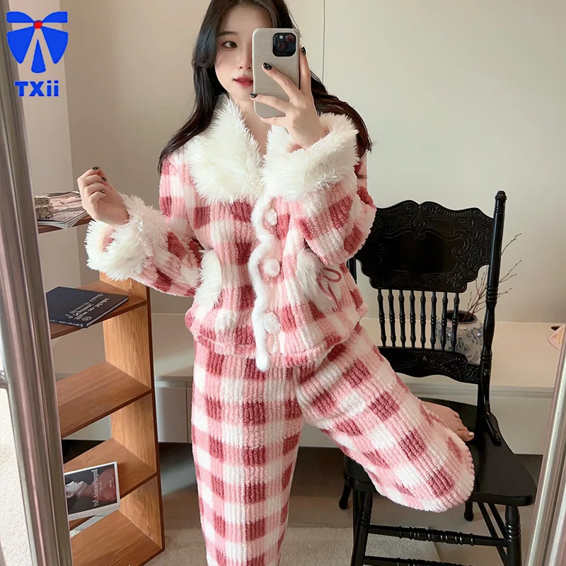 TXii Pajamas Women's Winter Coral Fleece Outer Wearing Plaid Printed Home Wear Wool Collar Long Sleeve Cardigan Flannel suit