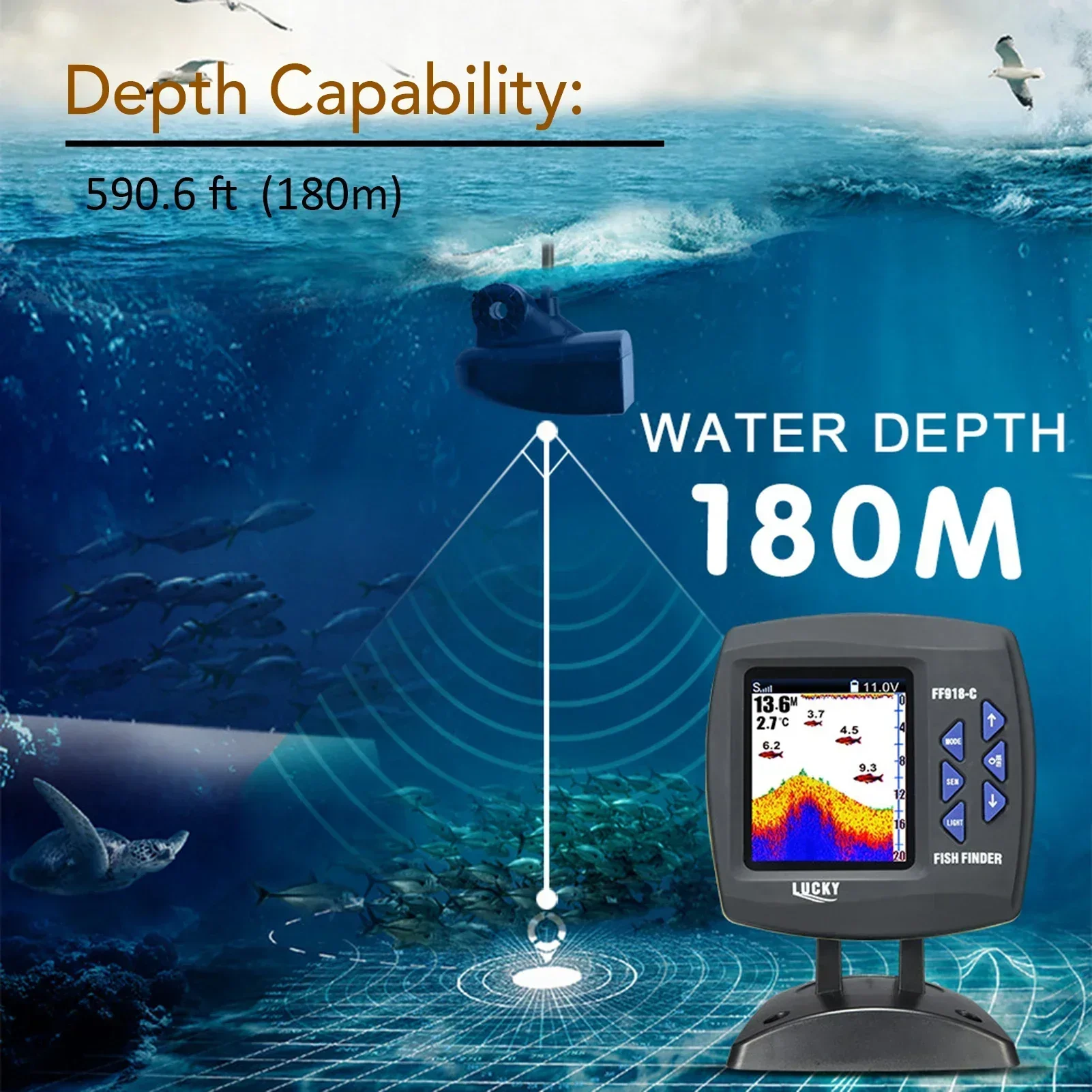 LUCKY F918-C180S Fish Finder Wired Underwater Fishing Camera Monitor Fish Locator 540ft Depth Sounder Fishfinder Fish Detector