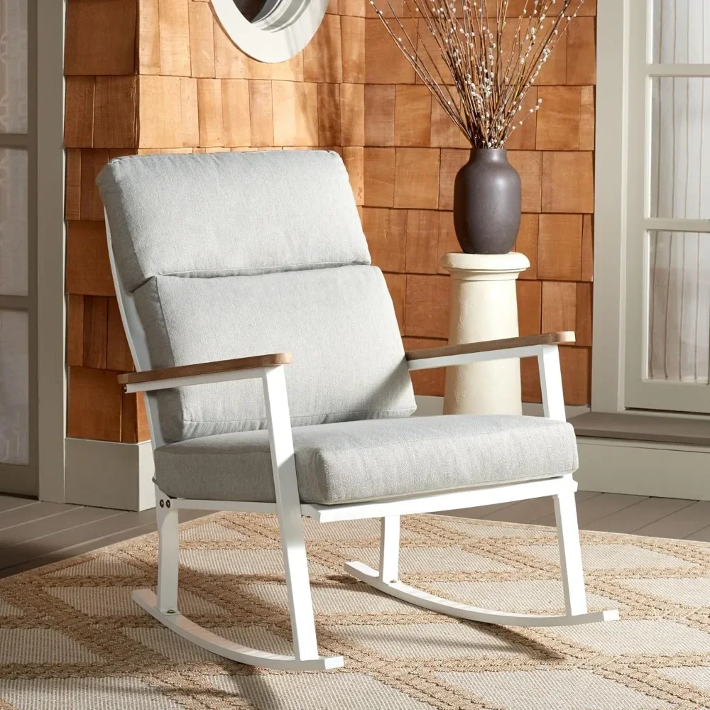 Outdoor Collection  White/Natural/Light Grey Linen Cushion Solid Wood Rocking Chair|