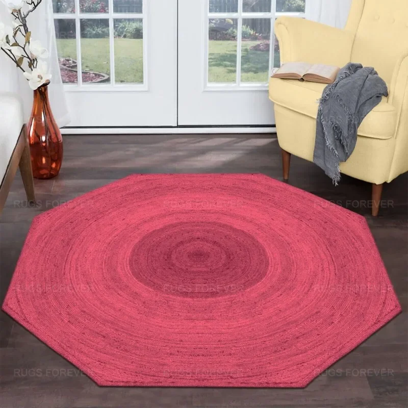 

Handmade Natural Jute Area Rug Home Decor Maroon Kilim Living Room Octagon Mat