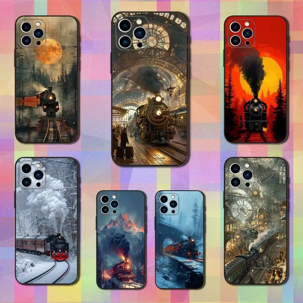 

Steam Art Train Phone Case For iPhone 16,15,14,17,13,12,11 Plus,Pro Max,XS,X,XR,SE,Mini,8,7,Soft Silicone Black Cover
