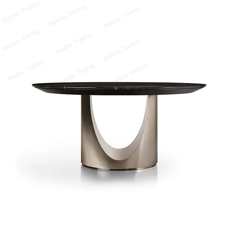 

Italian light luxury Lauren black gold marble dining table modern simple living room round stainless steel dining table