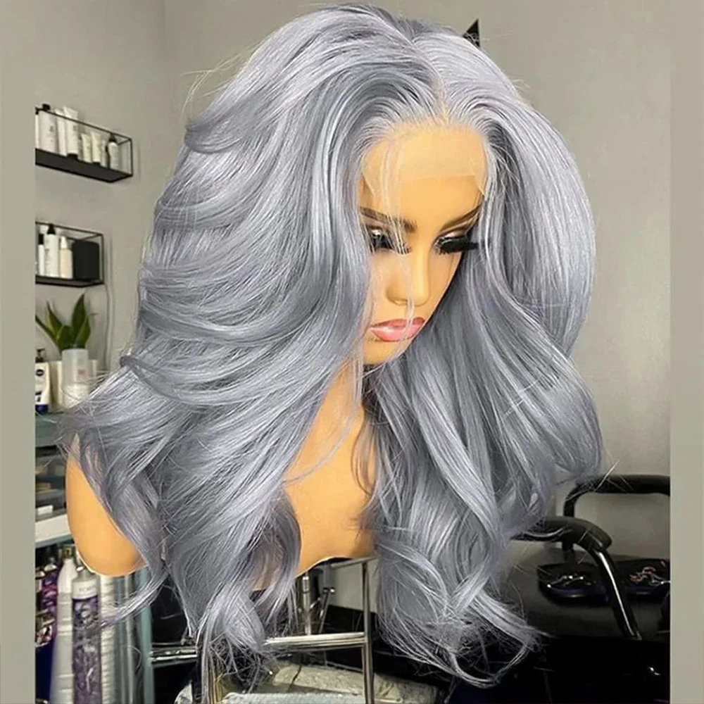 

613 silver gray colored curl Wig 30 inch Lace Front Body wave Wig 200% Density 100% Brazilian Human Hair length Wig of Wowen
