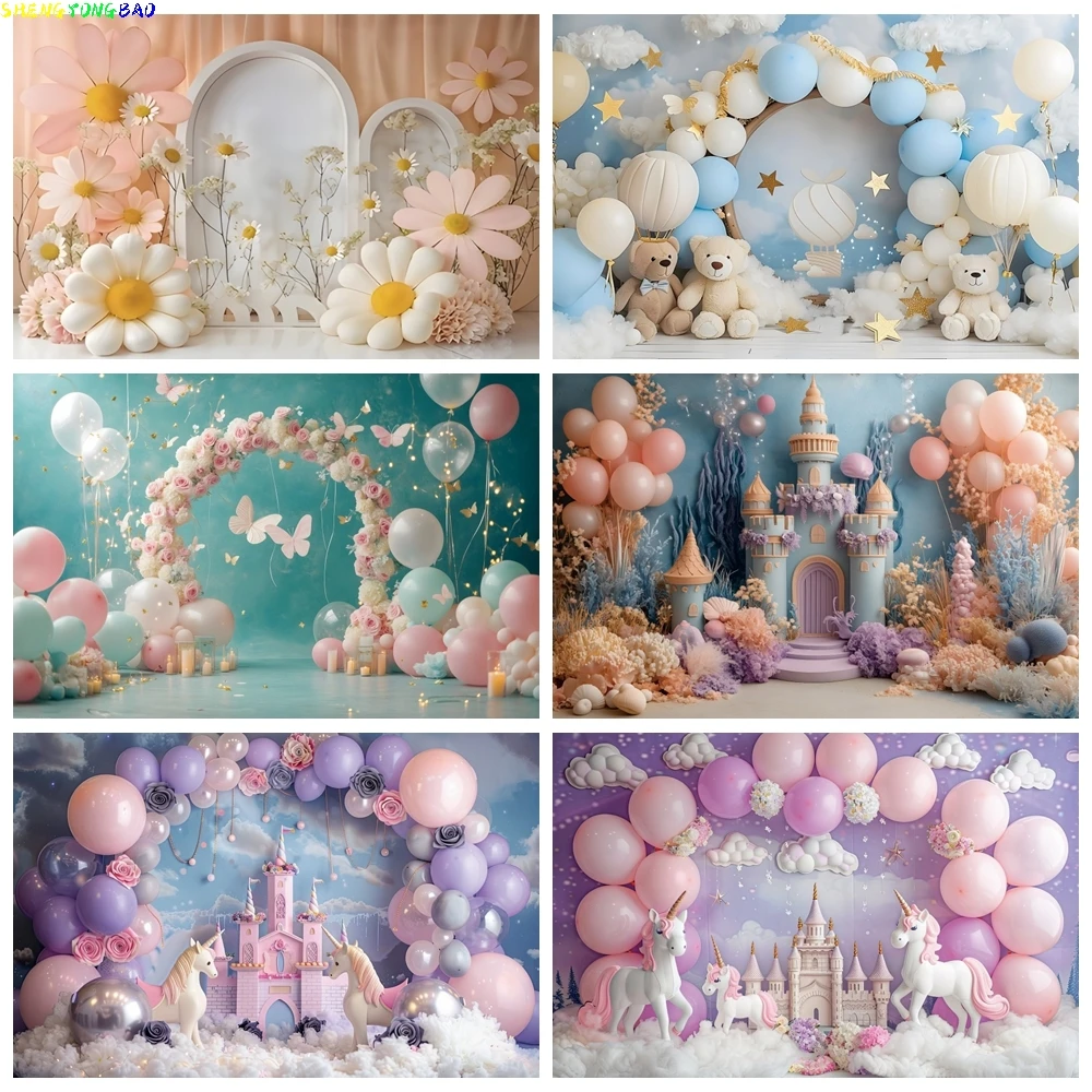 

Baby Birthday Decorations Backdrop Teddy Bear Unicorn Castle Balloon Boy Girl Birthday Decor Baby Shower Photography Background