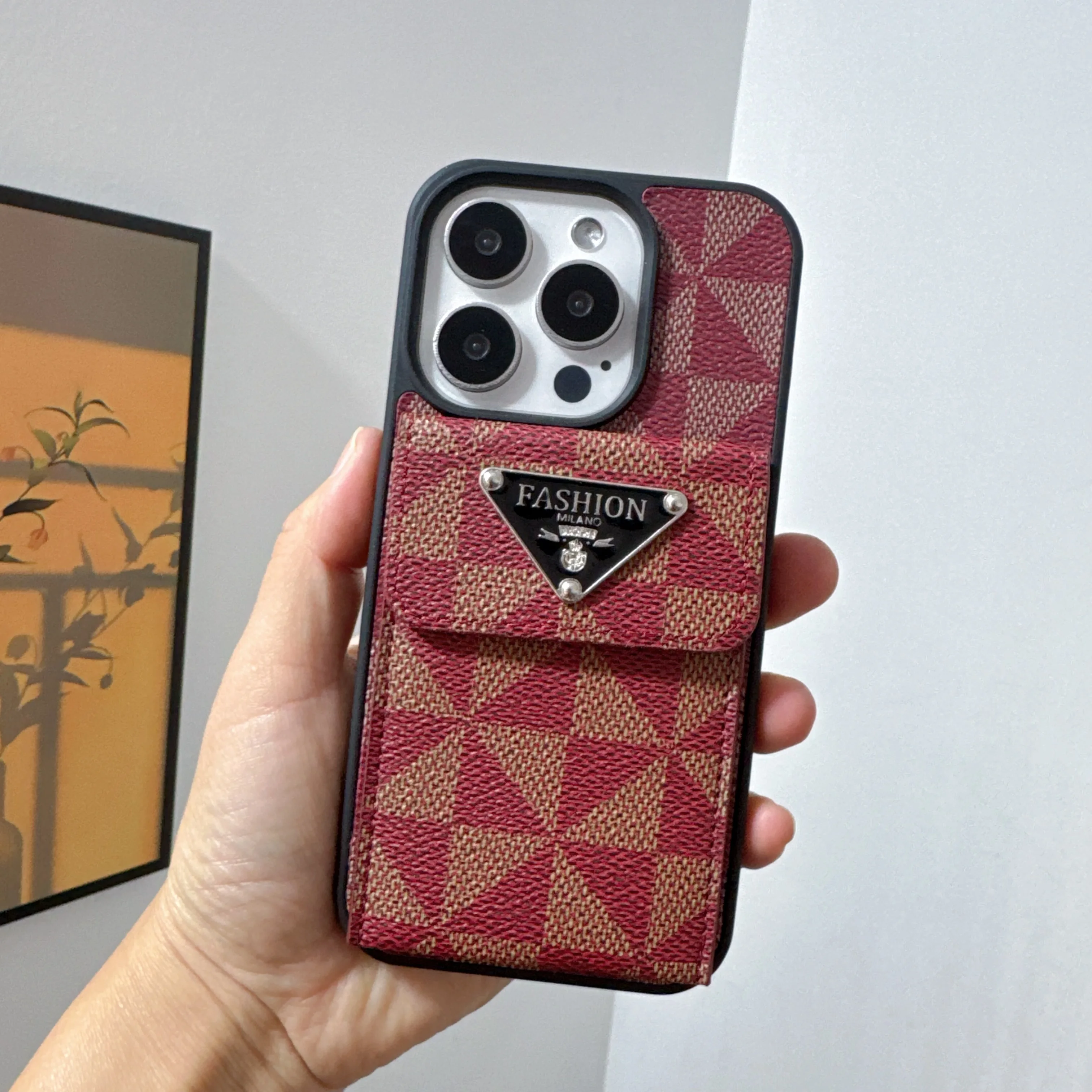 Luxury triangle Card package PU leather Case for iPhone 16 15 14 Phone Cover 15 14 13 12 11 Pro MAX Hard Shockproof Back Funda