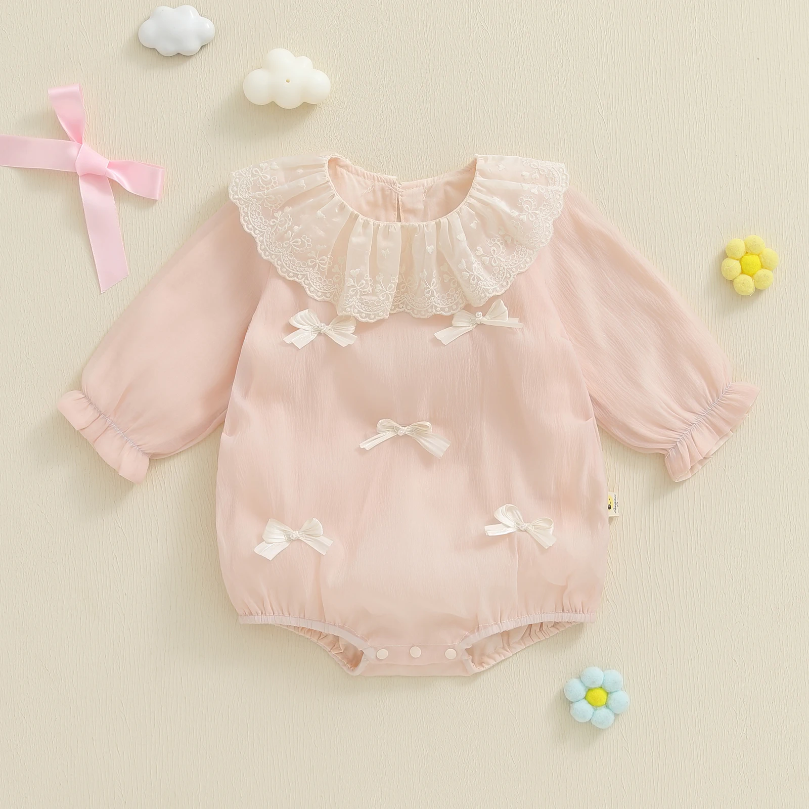 

Tregren 3-24M Infant Baby Girls Sweet Rompers Long Sleeve Crew Neck Bows Spring Fall Bodysuit Clothes for Casual Daily