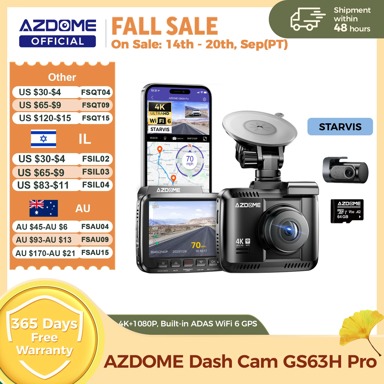 AZDOME Dash Cam GS63H Pro 4K+1080P 2.4