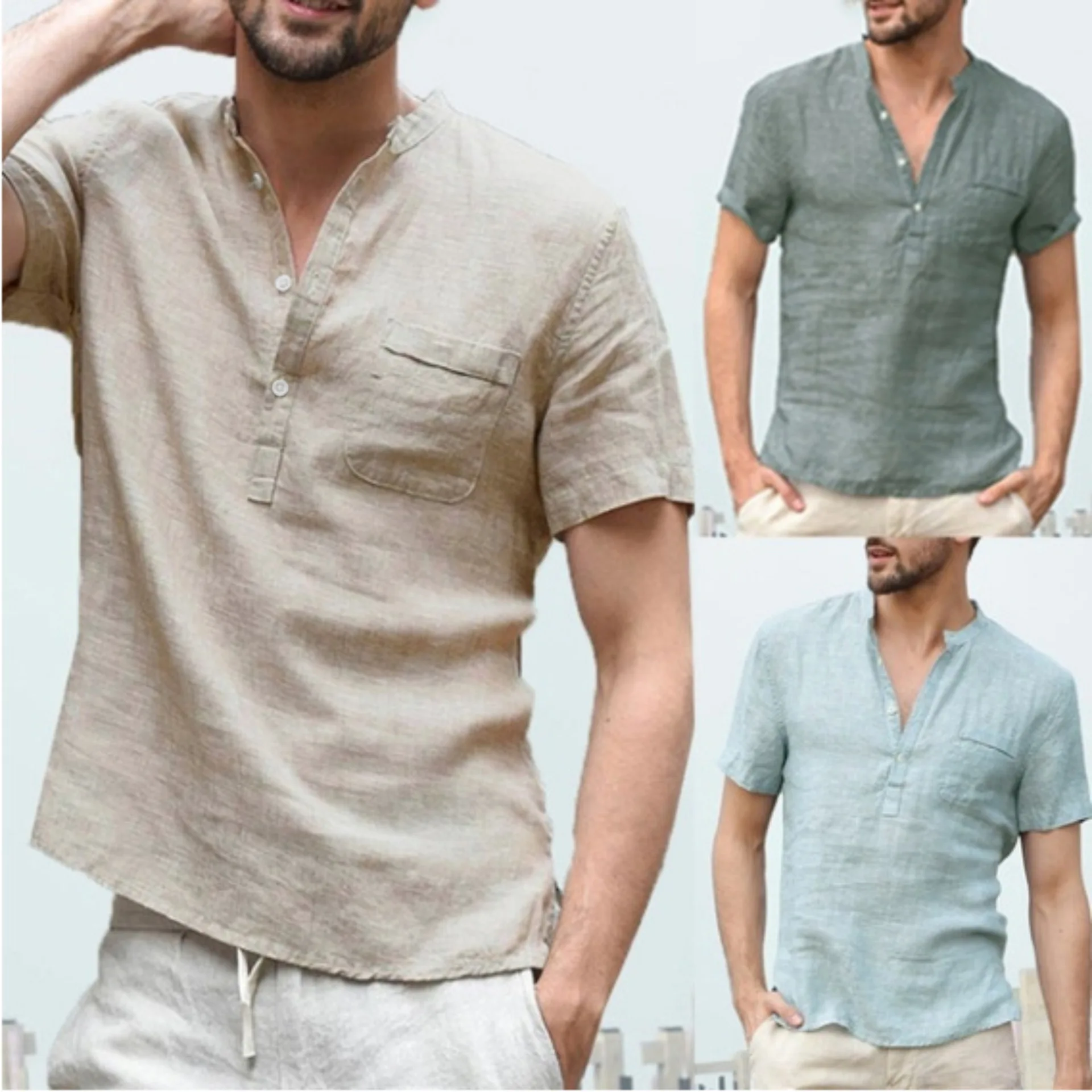 

Cotton Linen Hot Sale Men Short-Sleeved Shirts Summer Color Henley Collar Casual Beach Style Hawaiian Vacation shirts for man