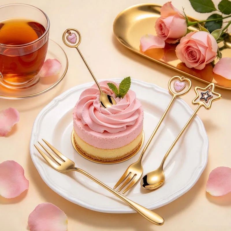 1-10PCS Creative Stainless Steel Coffee Spoon and Fruit Fork Heart Star Engraved Pendant Dessert Stirring Utensil for Party Gift