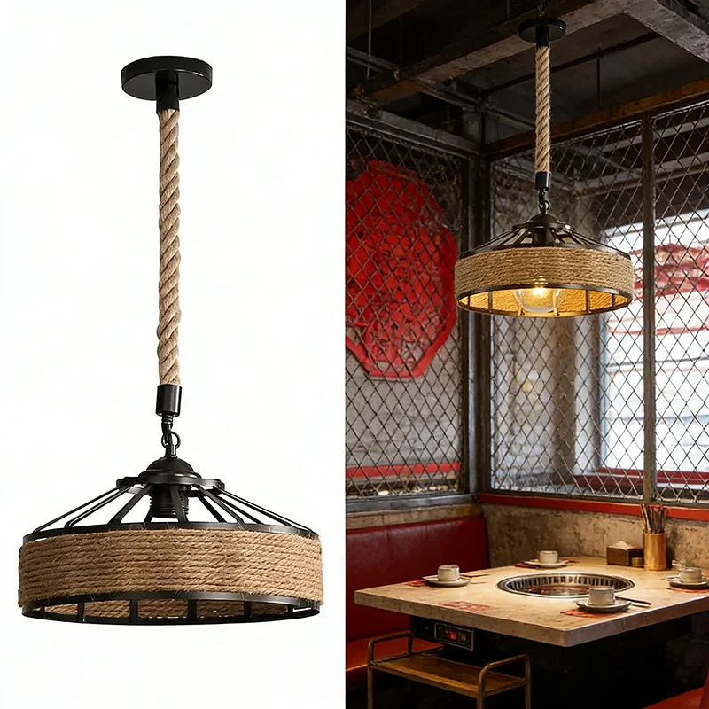 

Классическая подвесная подвесная лампа из пеньковой веревки, блеск для потолочной люстры, классический ретро антикварный промышленный утюг, светильник для столовой