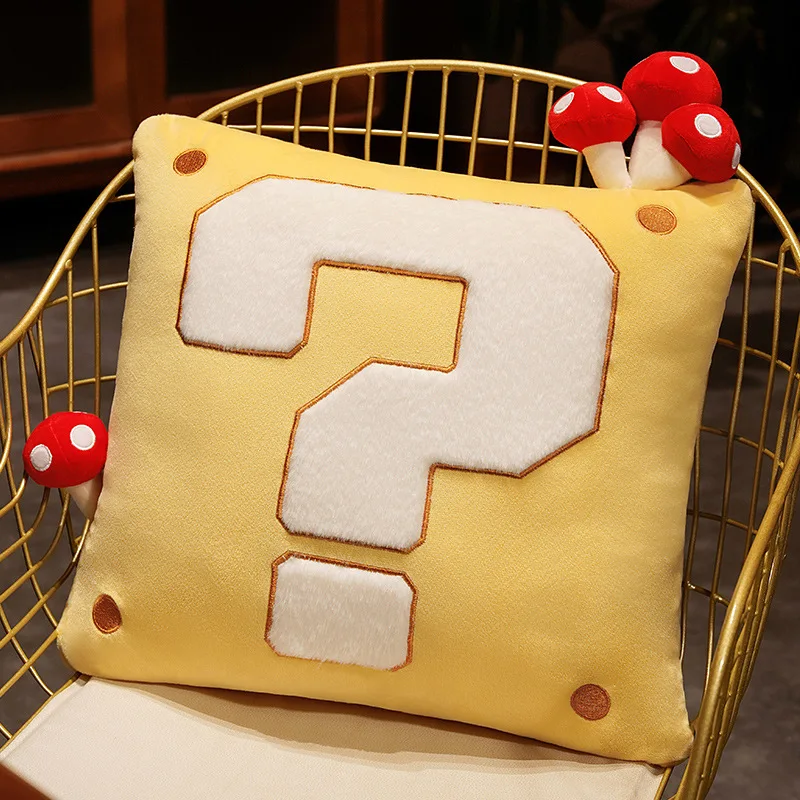 

Kawaii Anime Yellow Question Mark Mushroom Plush Pillow Soft Stuffed Plushies Creative Square Plant Cushion Toy Gifts Home Decor