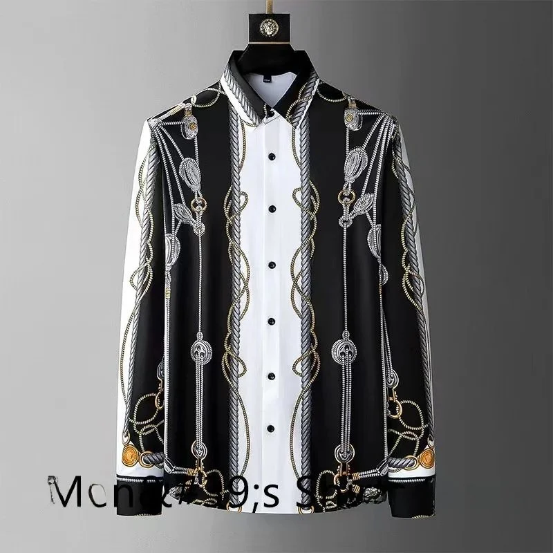 

Luxury Printed Men's Casual Busin Formal irt Autumn Thiened Fce Nine-Quarter Sve Collar Special Wide Fit