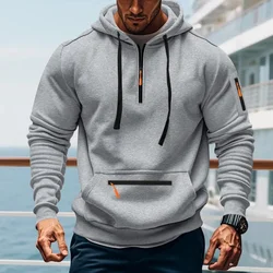 Sudadera con capucha deportiva de color sólido para hombre, jersey retro Harajuku con múltiples bolsillos y cremallera, informal, holgado, de manga larga, para primavera y otoño