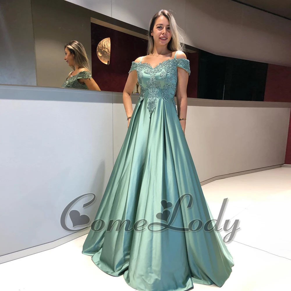 Comelody Trendy Satin Prom Dresses for Women Saudi Arabric Off the Shoulder Lace Appliques Spaghetti Straps Drop Shipping