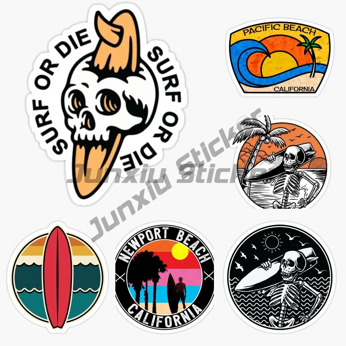 

Funny Skeleton SURF Vanlife Club Car Stickers Creative Sunscreen Decals Fashionable Surfboard Trunk Decor Car Styling