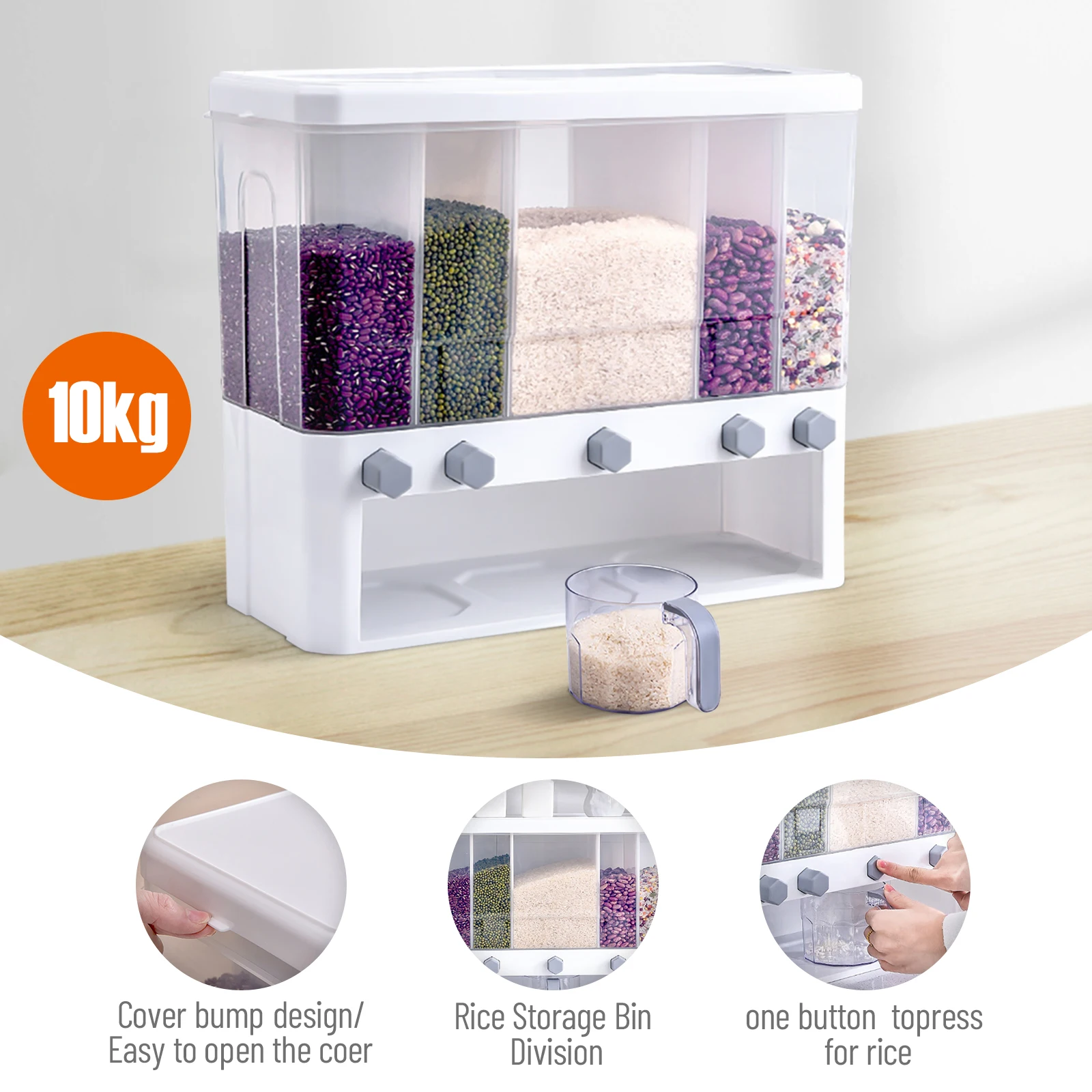 Dry Food Dispenser 5-Grid Cereal Dispensers Food Storage Container Kitchen