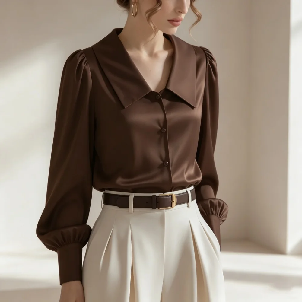 Women\'s Polyester Solid Shirt with Balanced Wide Lapels and Subtle Puff Sleeves for Everyday Warm Weather Wear