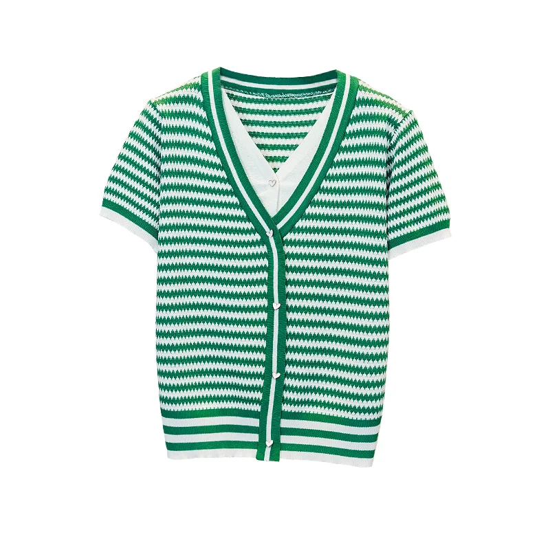 Pull Respiré à Manches Courtes pour Femme, T-Shirt d'Été Rayé, Col en V, décennie age de Documents, Base Assortie