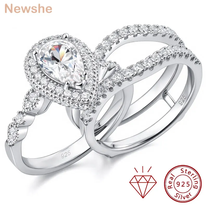 Newshe 2pcs Moissanite Bridal Ring Sets for Women Certified 925 Sterling Silver Pear Shape Engagement Rings with Enhancer Band