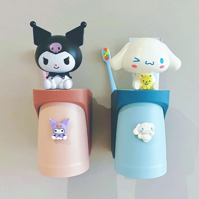 Sanrio Kawaii Cinnamoroll Washing Cup Kuromi Pochacoo Cartoon Children\'s Wall Mounted Magnetic Toothbrush Cup with Storage Space