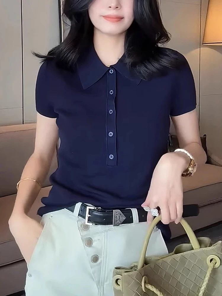 تي شيرت Laid-ba Sle ذو لون نقي من الحرير الجليدي ort Sve محبوك علوي f زر صيف غير رسمي 2025 تي شيرت تنحيف النسخة الكورية