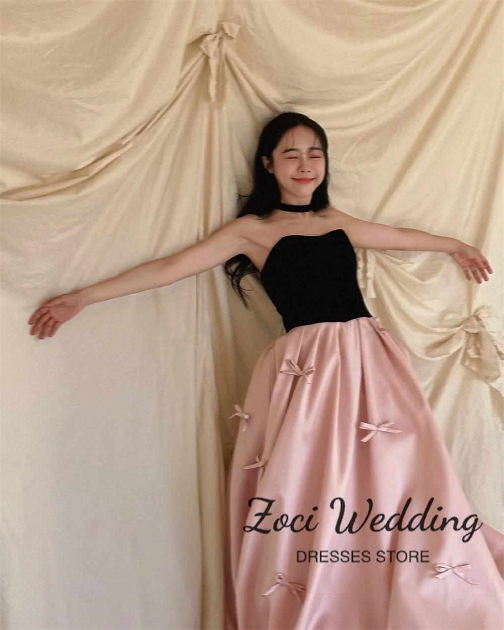 Zoci Contrast Color Fairy Evening Dresses Strapless A-line Bow Photo Shoot Dresses Customized Korea Wedding Reception Dresses