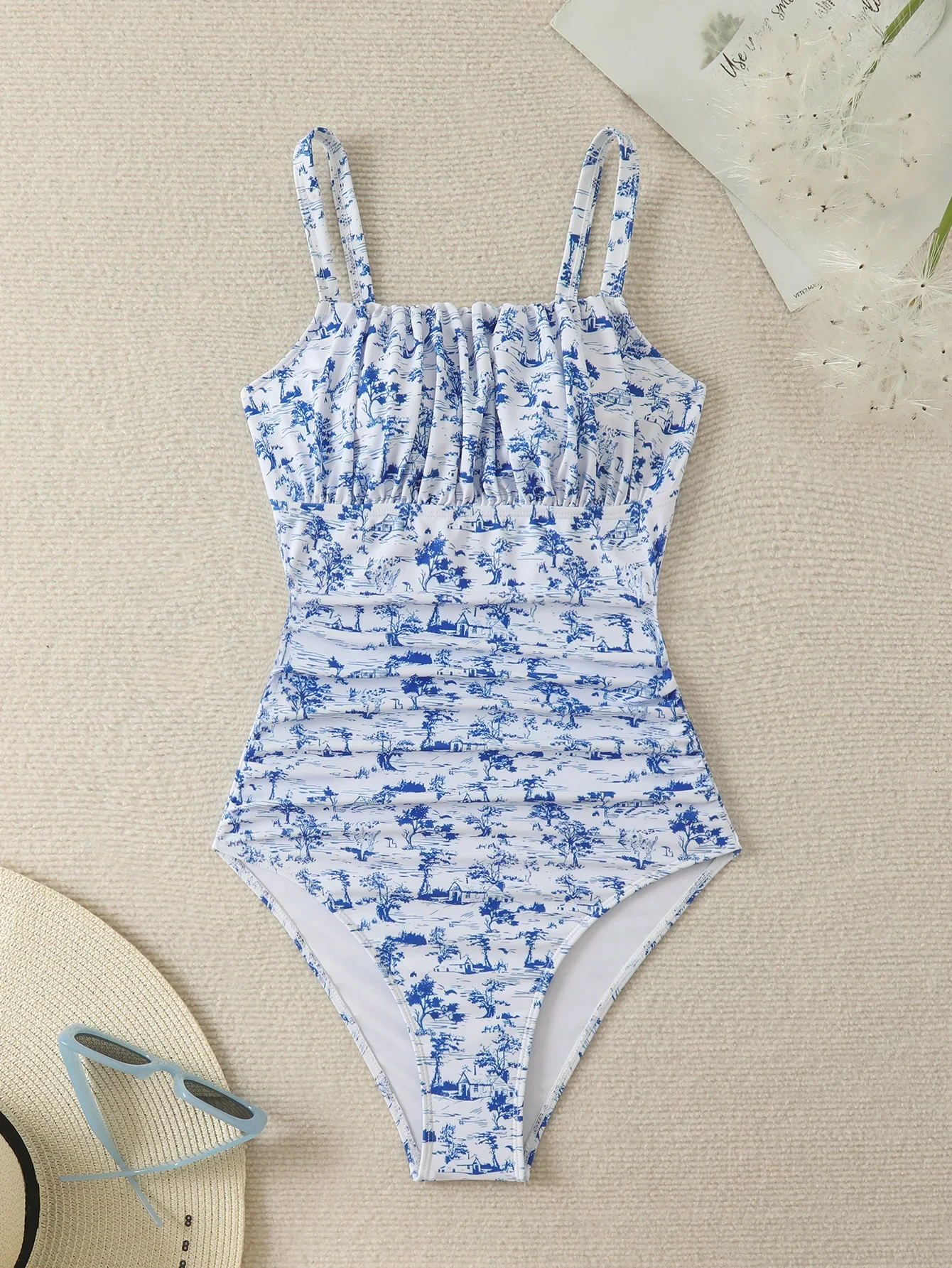 2025 Summer Women's High Waist One-Piece Bikini Floral Print Monokini Swimsuit Trendy Slim-Fit Bathing Suit Straps Bodysuit Ropa