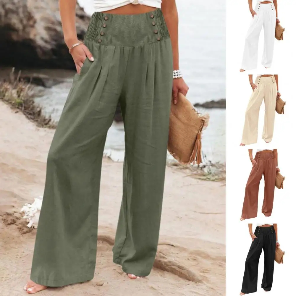 Women Spring Summer Casual Pants Wide Elastic Waist Buttons Decor Long Pants Solid Color Wide Leg Pockets Trousers Streetwear