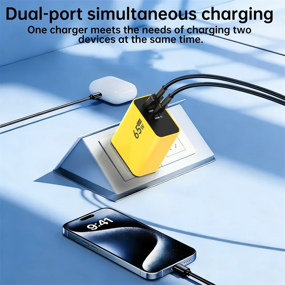 65W GaN Dual Port Fast Charger PD 33W USB-C QC USB-A EU Plug Wall Adapter for iPhone 15 Pro Max Xiaomi Huawei Samsung Laptop