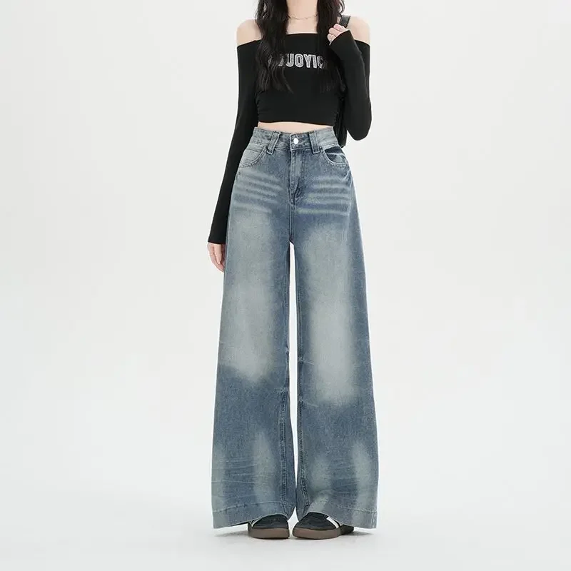 

Wide Leg Jeans Women Retro Blue Y2K High Street Loose Straight Leg Pants Spring Classic Fashion American Cat Beard Design