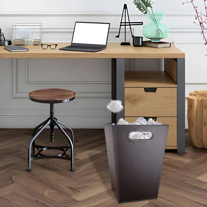 Office Wastebasket PU Leather Trash Can Moisture Proof Non-woven Fabric Dustbin Minimalist Beside Table Garbage Bin With Handle