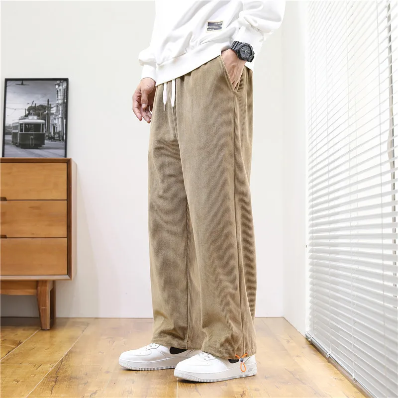 

Harajuku Trend Corduroy Men Winter Loose Straight Leg Pants Y2k Fashion High Street Thick Sports Casual Drawstring Ankle Pants