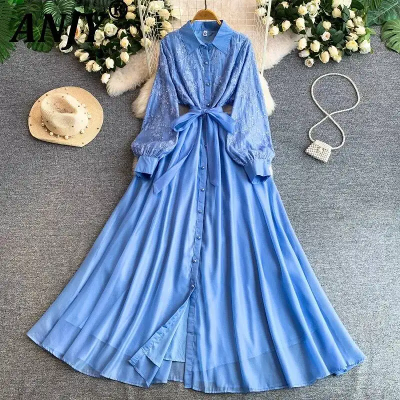 

ANJY Spring Autumn New Women Fashion Sequins Embroidered Lantern Sleeve Single Breasted Shirtdress Elegant Ins Long Dress A23933