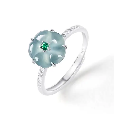 Blue Myanmar Jadeite Flower Rings Charm Amulet Talismans Stone Luxury Carved Gemstone Vintage 925 Silver Natural Burmese Jade