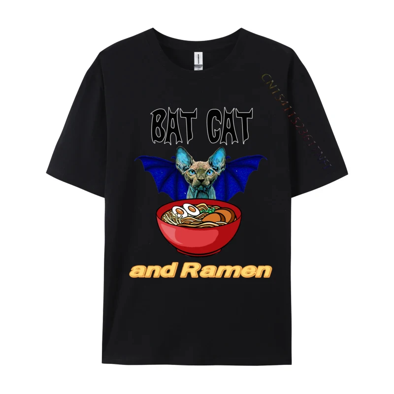 Bat Cat Ramen Funny Sphynx Hairless Bald Kitten Noodle Group T-shirts Brand New Hip hop Cotton Men's Tops Shirts Custom Shirt