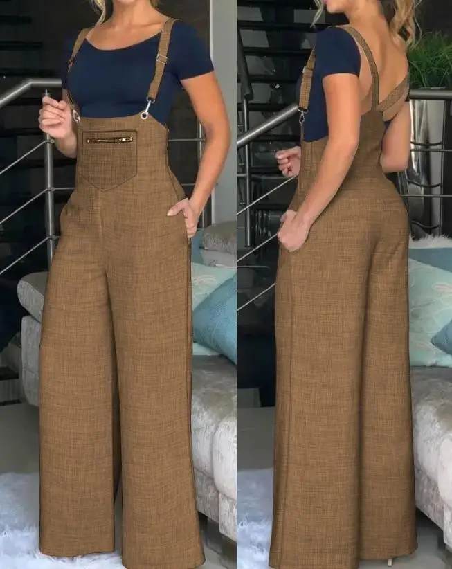 2024 Women's Spring/summer Strap Pants Solid Color Simple Work Suit Versatile Pocket Design Wide Leg Sling Jumpsuit