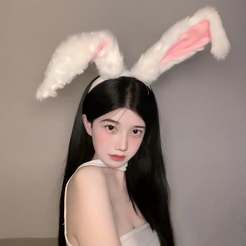 1Pcs cute Lolita Cosplay Headband Fluffy Plush Sweet Long Rabbit Bunny Ears Bandana Hair Hoop Cartoon Anime Headpiece