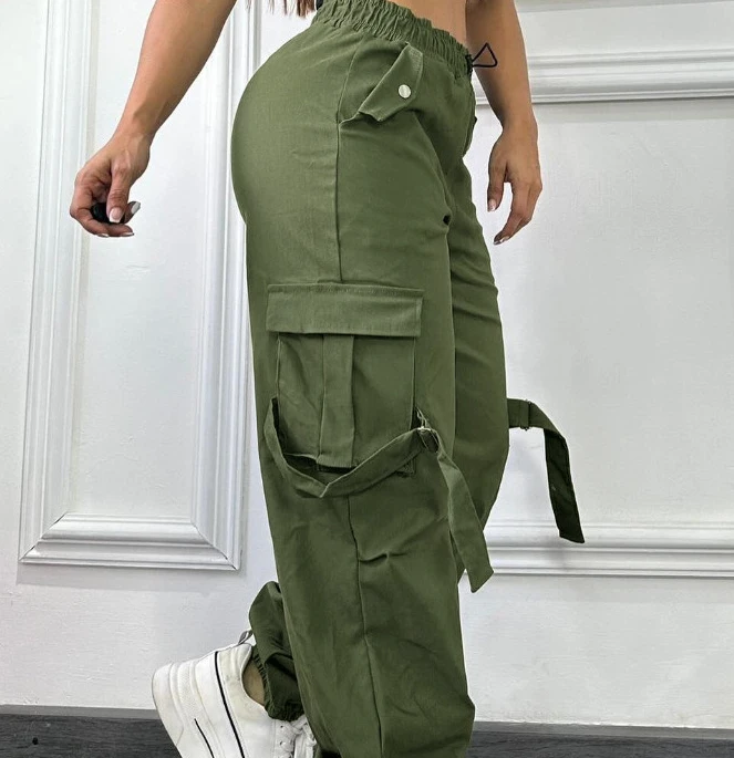 Mulheres simples bolsos laterais calças de carga ativa casual cintura elástica perna reta calças com punho moda verão