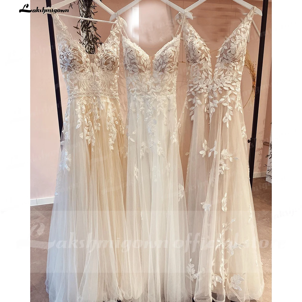 Lakshmigown V-Ausschnitt Spitzenapplikationen Hochzeitskleider Maßgeschneiderte Champagner-Brautkleider A-Linie Hochzeitskleid Estido De Noiva Praiano – Detail 5
