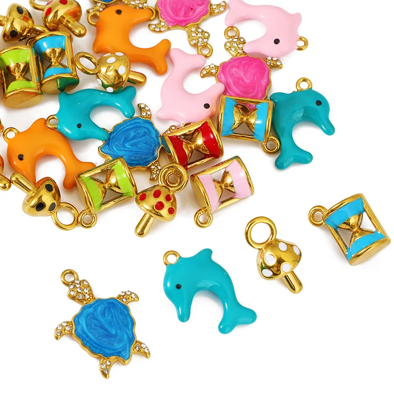 

3pcs Stainless Steel Enamel Turtle Mushroom Dolphin Hourglass Charms Pendants for DIY Jewerly Bracelets Earrings Necklace Making