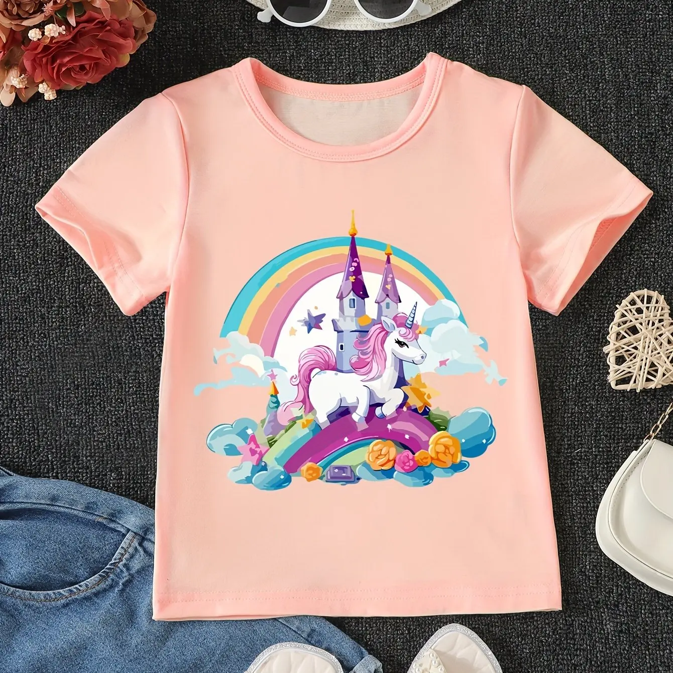 

Girl Clothes Cute Unicorn and Castle Graphic T Shirts for Children Short Sleeve Children's Clothing 2024 Girl Summer Child Tops