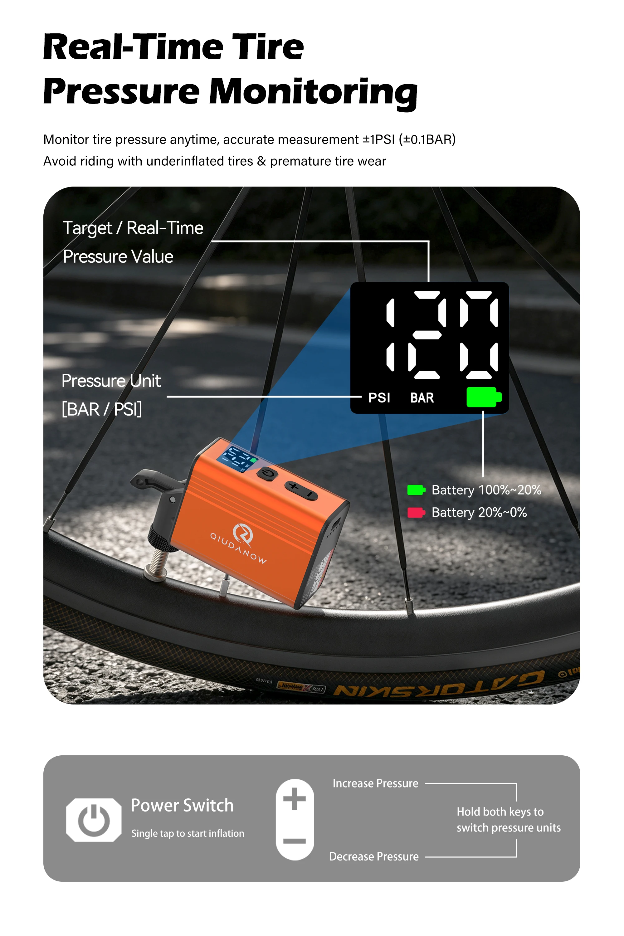 Mini-Elektrofahrradpumpe 120PSI Kabellose Reifenpumpe Bürstenloser Motor Digitales Manometer Typ C Tragbare Luftpumpe für MTB und Rennrad – Detail 2