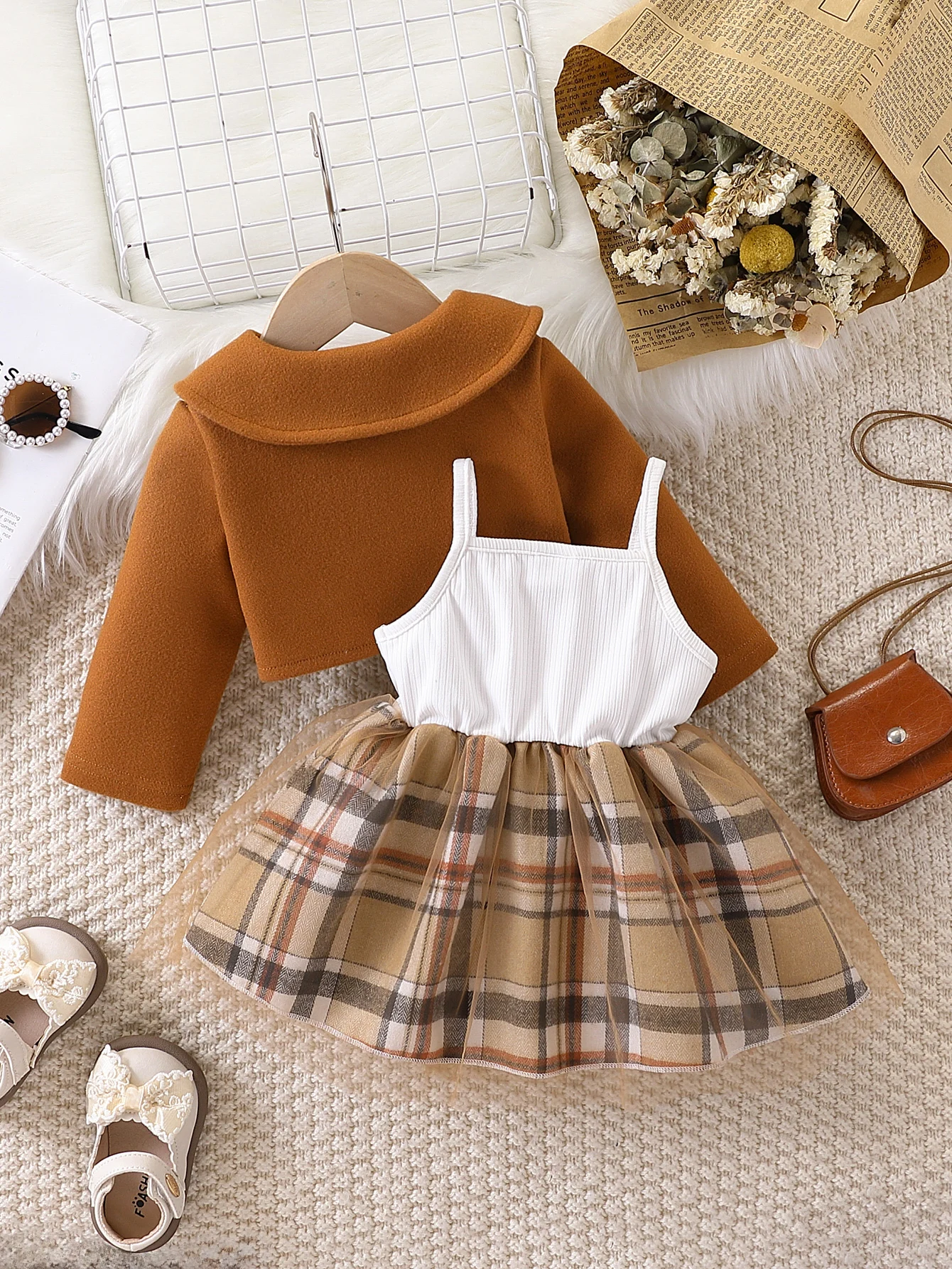 Baby Girl Plaid Tulle Skirt Dress & Cropped Jacket Set