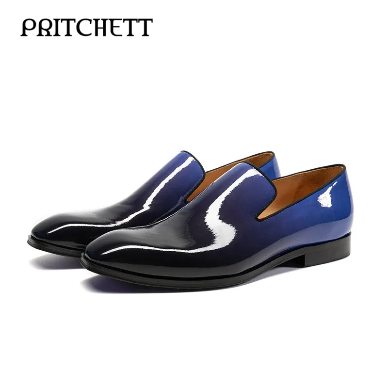 

Blue and Black Gradient Shiny Leather Shoes Round Toe Square Root Low Heel Slip-On Casual Shoes Multi-Color Fashion Dress Shoes