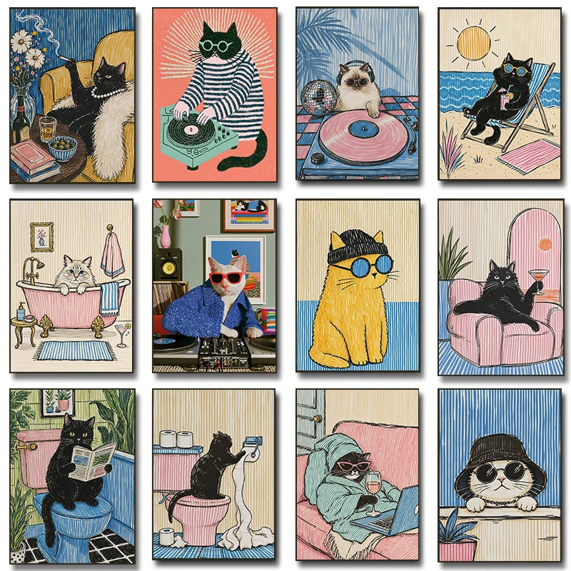 Trendy Black Cat Leisurely Life Poster Sunglasses Smoking Lounge Coral Music Prints Canvas Painting Wall Art Pictures Home Decor