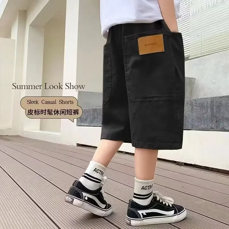 OLEKID Summer 3-14Y Kids Boy Shorts Sticker Pockets Children Boys Half-length Pant Loose Casual Elastic Waist Junior Boys Shorts
