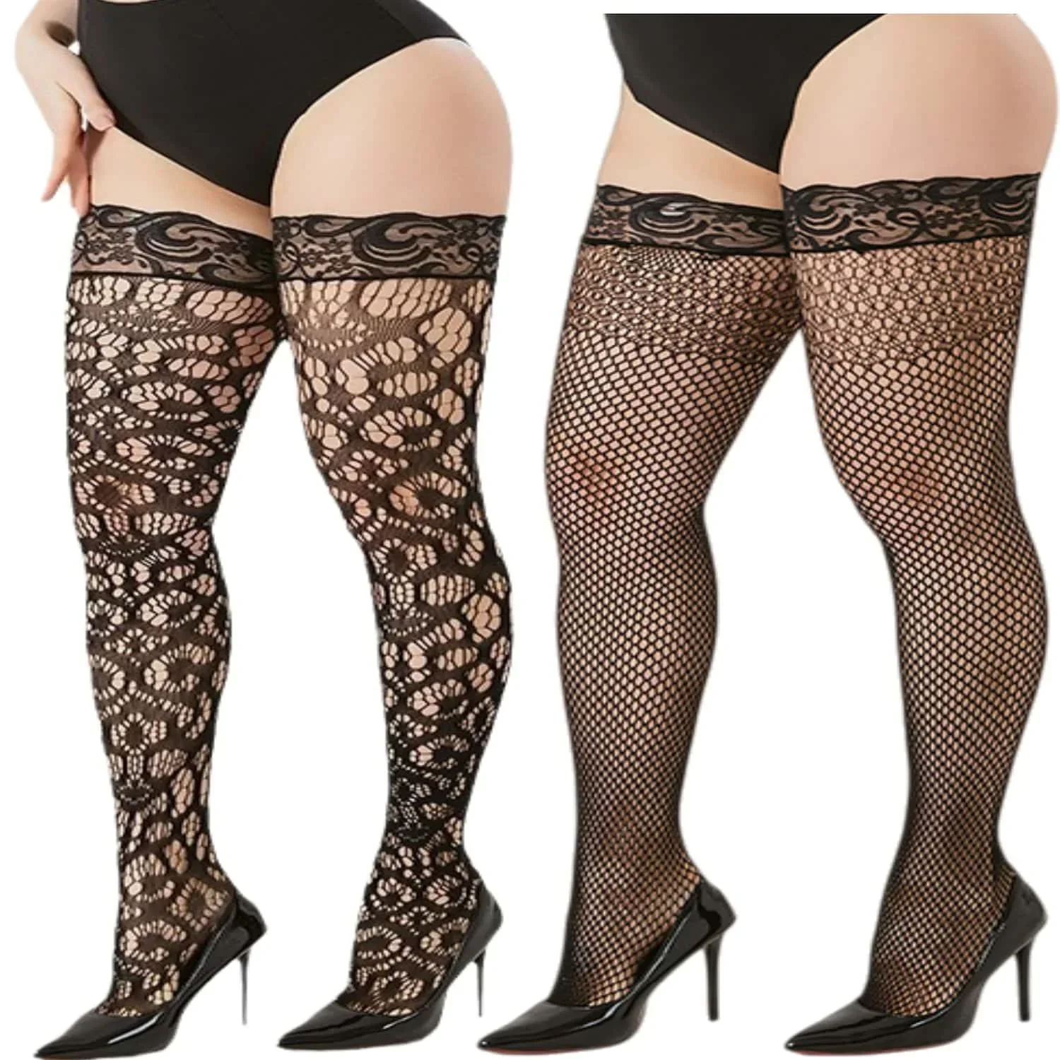 Plus Size Women Girls Lolita Gothic Fishnet Thigh High Stockings Lace Sheer Open Mesh Silicone Stretchy Sexy over knee socks 3XL