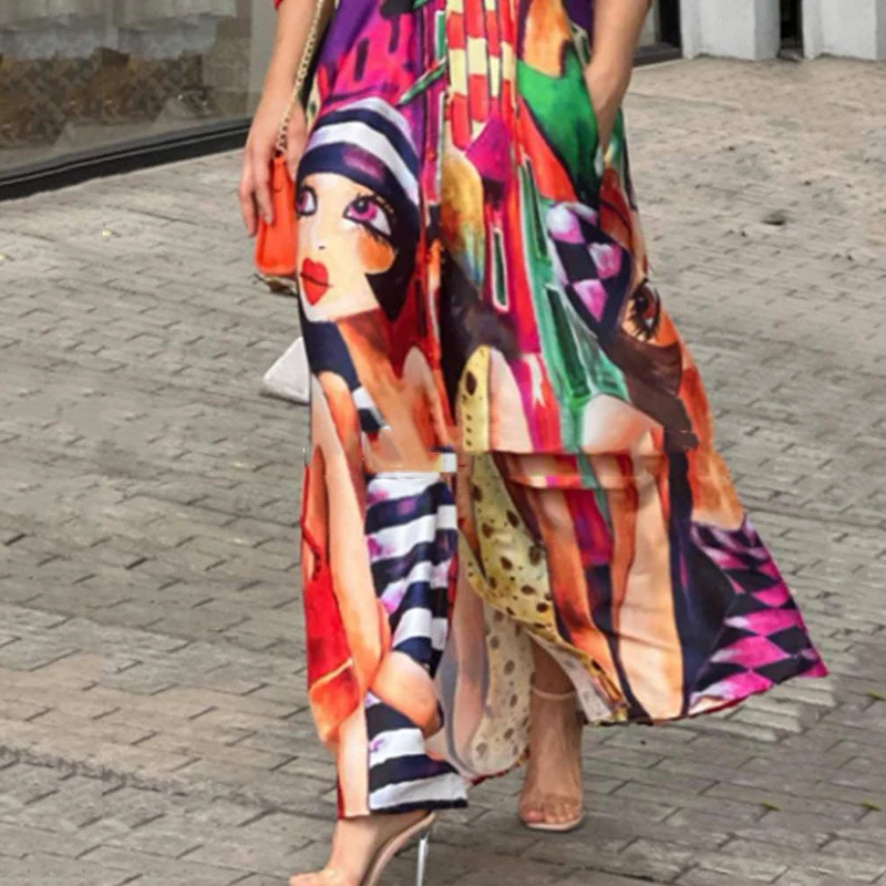 Women Long Maxi Dress Turn Down Neck High Waist Buttoned Abstract Figure Print Shirt Dress Button Casaul Loose Dress Vestidos