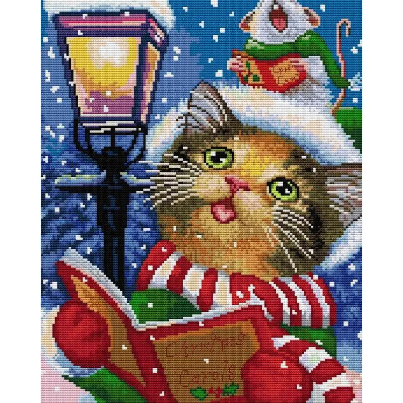 

DIY Hand Cross Stitch Kit Christmas Cat Cartoon Animal Patterns Embroidery 14CT White 16CT 11CT Printed Fabric Needle Thread Set